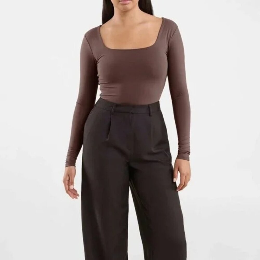 Nuuds Coffee Long Sleeve Square Neck Thong Style Bodysuit